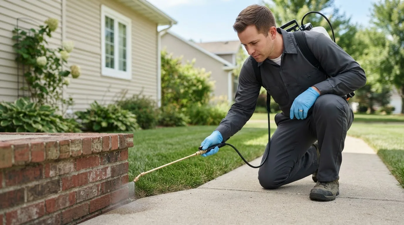 Pest control technician treating a home near Marne, IA