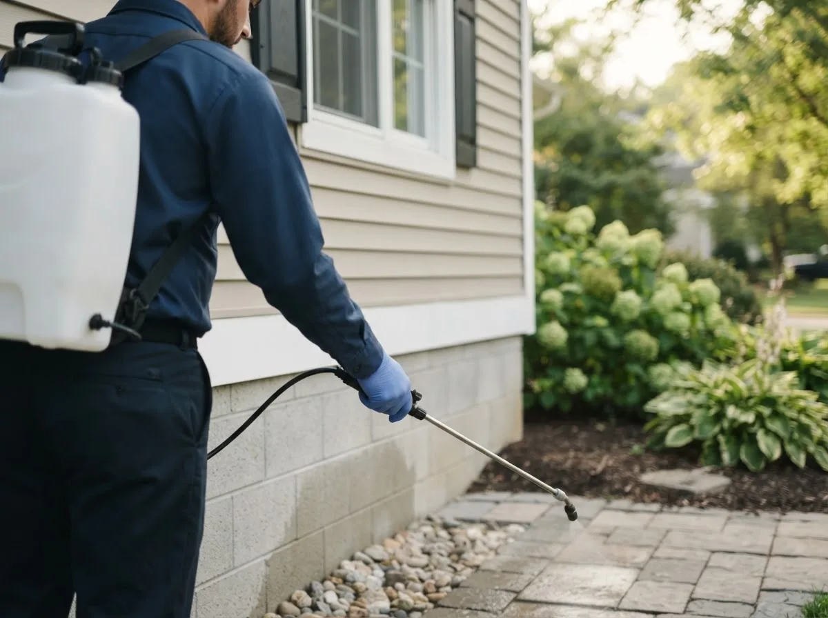 Pest control technician inspecting a home in Marne, IA